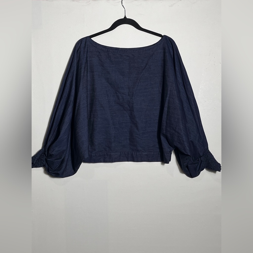 Nanette Lepore Dolman Blue Denim Cotton Bubble Sleeve Crop Top Medium